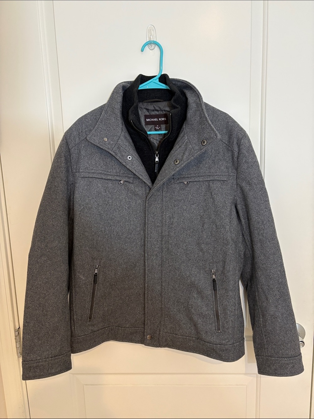Michael Kors Men's Gray Wool-Blend Pea Coat with Black Inner Layer